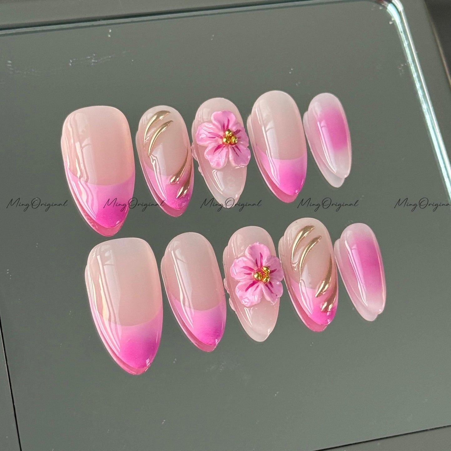 Pink Summer Flower 3D Free Style press on nails,Fairycore Floral Nail, Pink French Tip, Vibrant airbrush ombre
