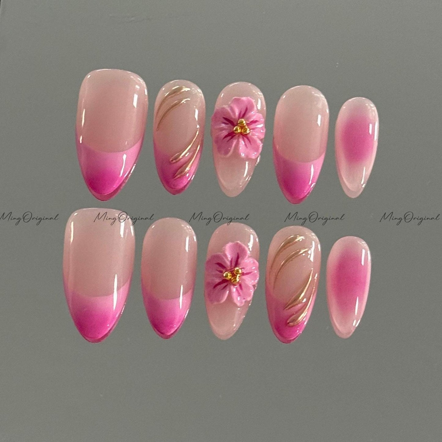 Pink Summer Flower 3D Free Style press on nails,Fairycore Floral Nail, Pink French Tip, Vibrant airbrush ombre