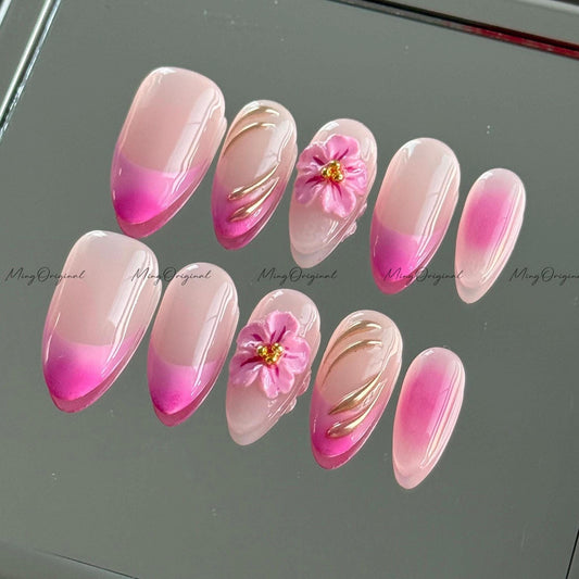 Pink Summer Flower 3D Free Style press on nails,Fairycore Floral Nail, Pink French Tip, Vibrant airbrush ombre
