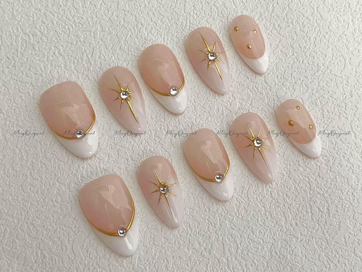 White and Gold press on nails, gold chrome mirror star reusable nail, minimalist french tip nail, jelly fake nail, gift for her,MO592