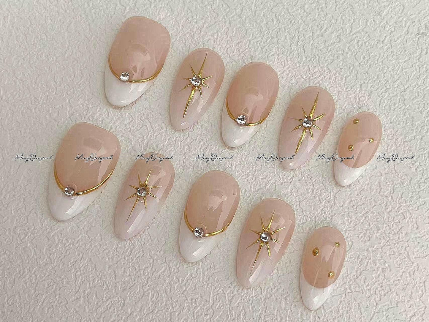 White and Gold press on nails, gold chrome mirror star reusable nail, minimalist french tip nail, jelly fake nail, gift for her,MO592