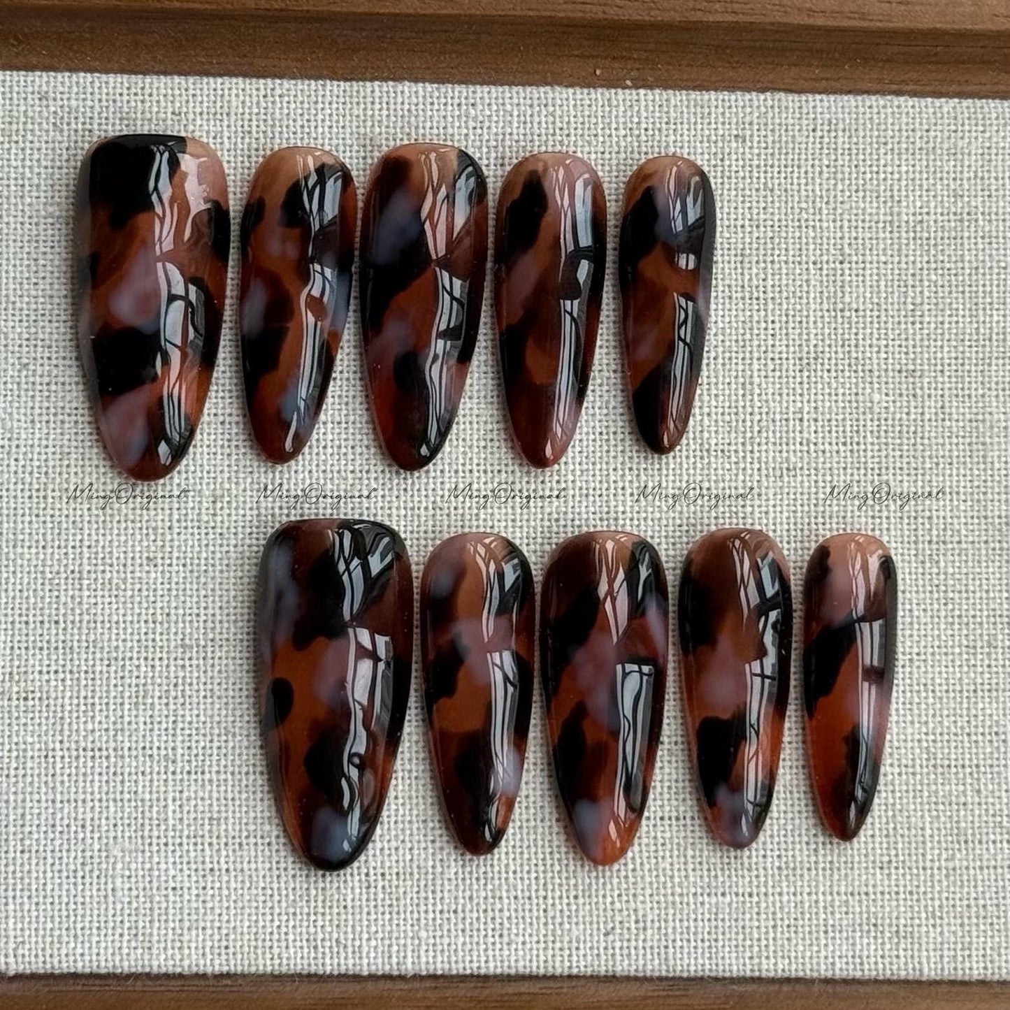 Classy Tortoise Shell Amber Black White Brown Water Blooming Press on Nails, Jelly hand painted nail, fall winter nail, gift for her, MO611