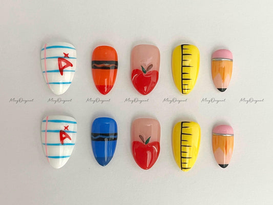 Back to School Nails | A+ Notebook, Crayon, Apple, Ruler, Pencil Press On Nails for Teacher Appreciation or First Day of School, MO593