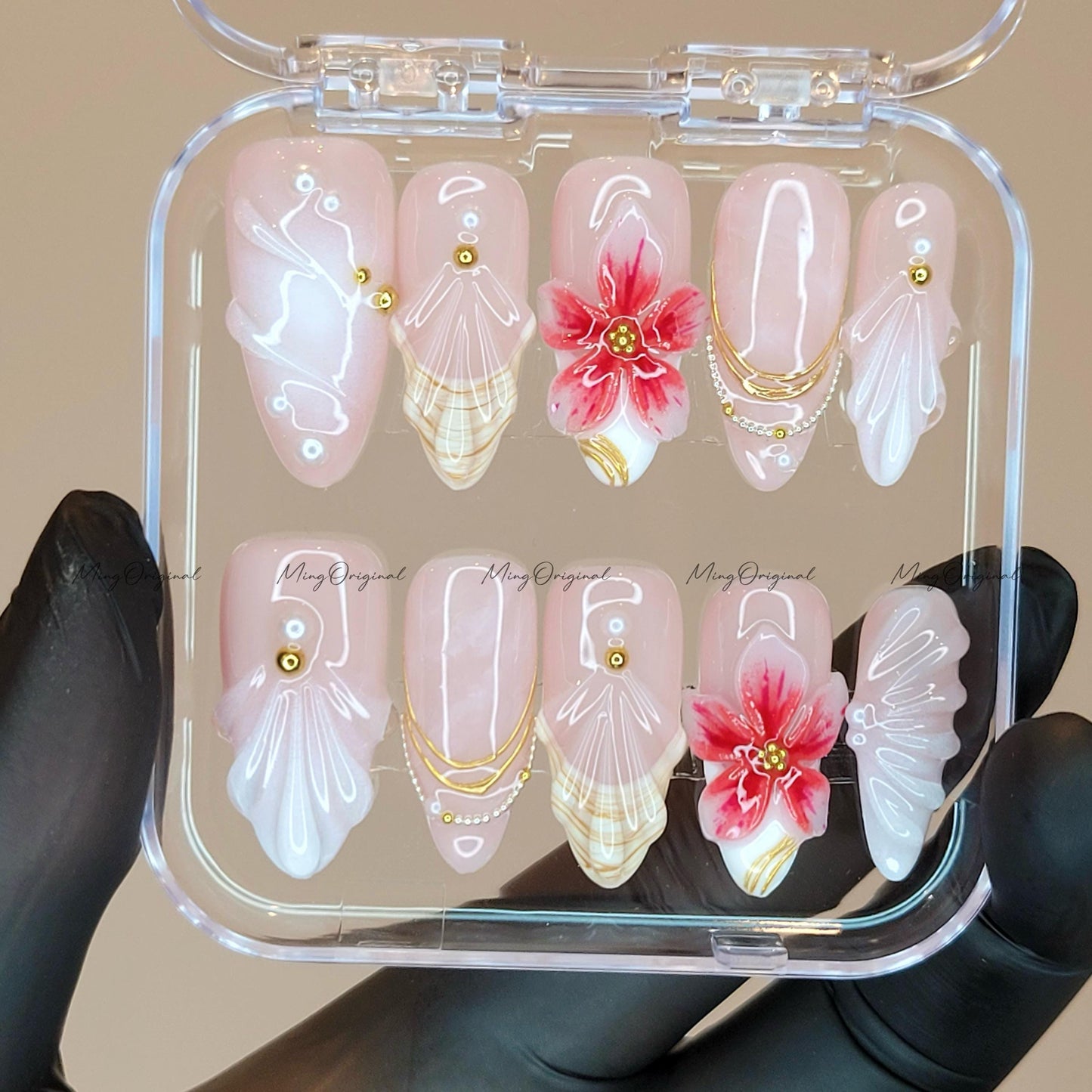 Pink Lily Bloom Press On Nails, 3D Flowers & Paste Gradient Beachy Mermaid Vibes, Bejeweled nail design, Handmade gift for her, MO612