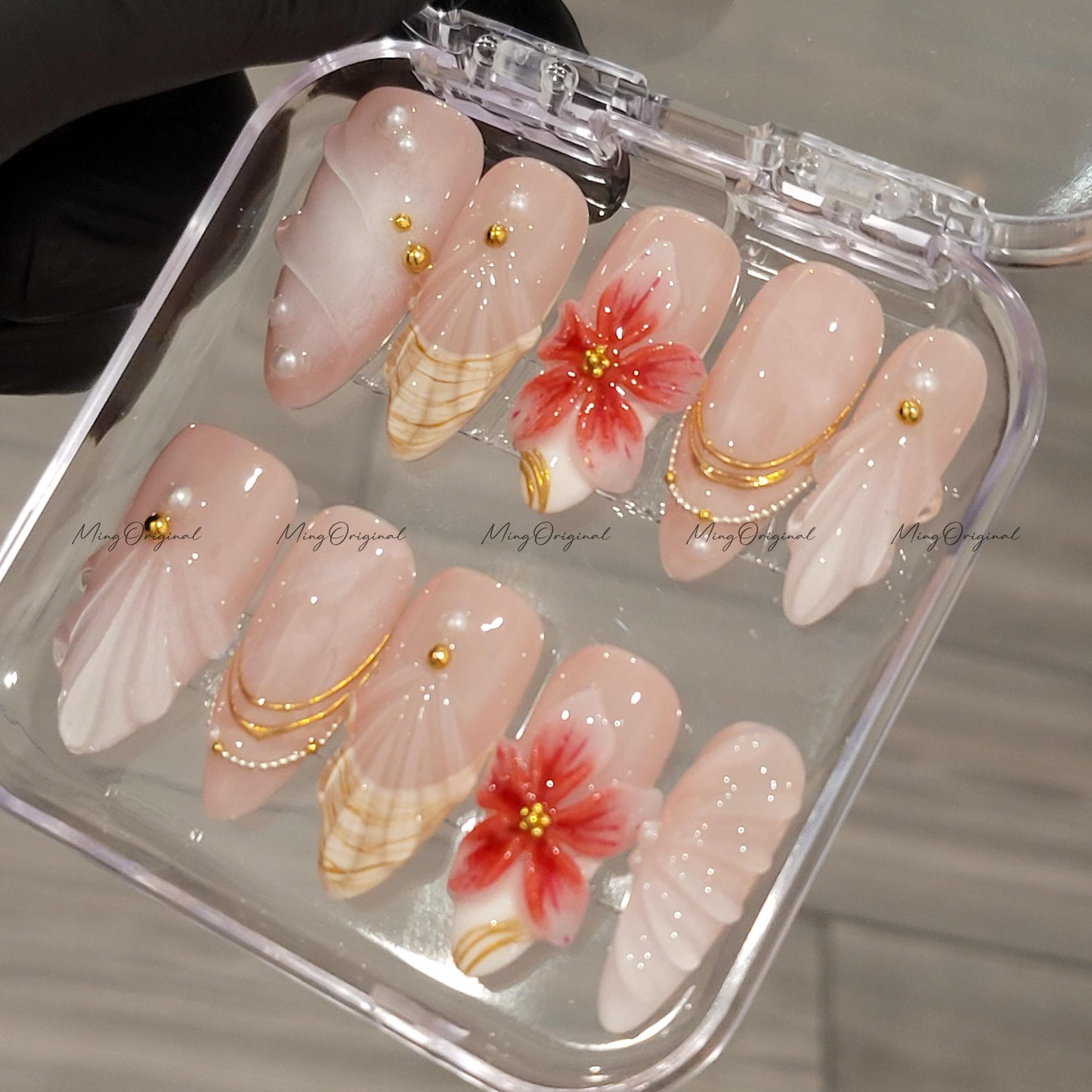 Pink Lily Bloom Press On Nails, 3D Flowers & Paste Gradient Beachy Mermaid Vibes, Bejeweled nail design, Handmade gift for her, MO612