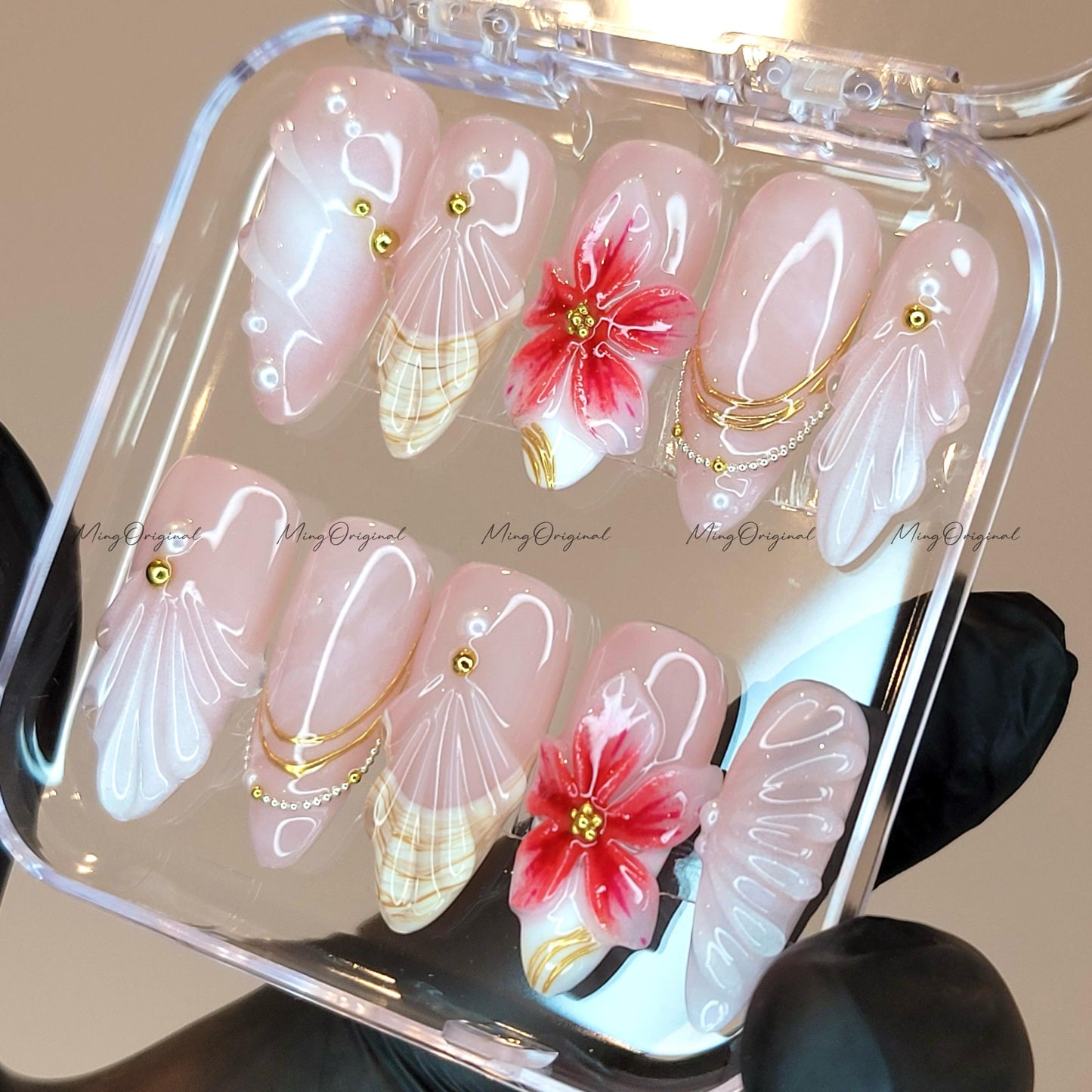 Pink Lily Bloom Press On Nails, 3D Flowers & Paste Gradient Beachy Mermaid Vibes, Bejeweled nail design, Handmade gift for her, MO612