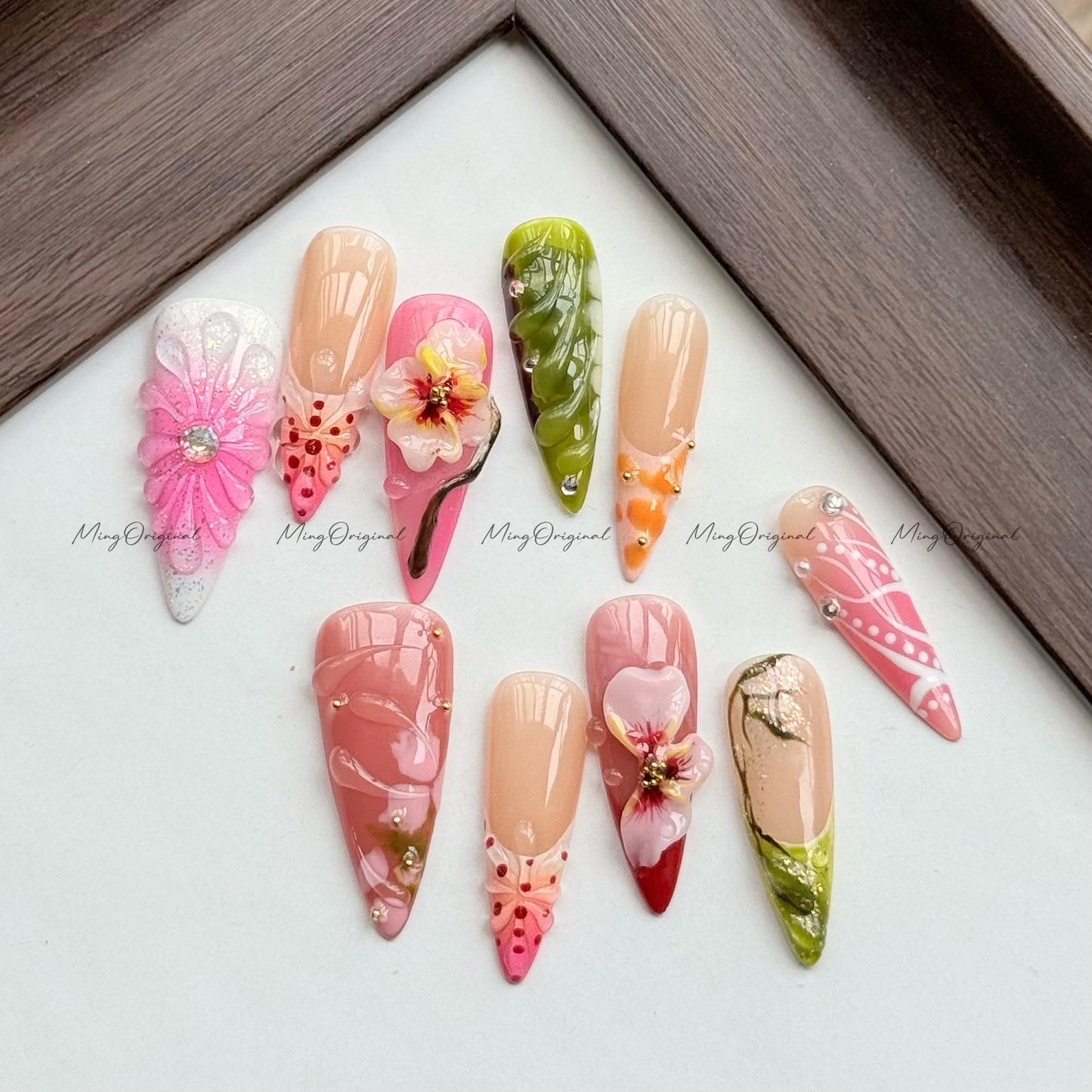 3D Flower Press On Nails, Handcrafted Bloom Nail Art, Spring Garden Design, Sculpted Floral Nails, Pink and Green Mix, unique gift, MO595