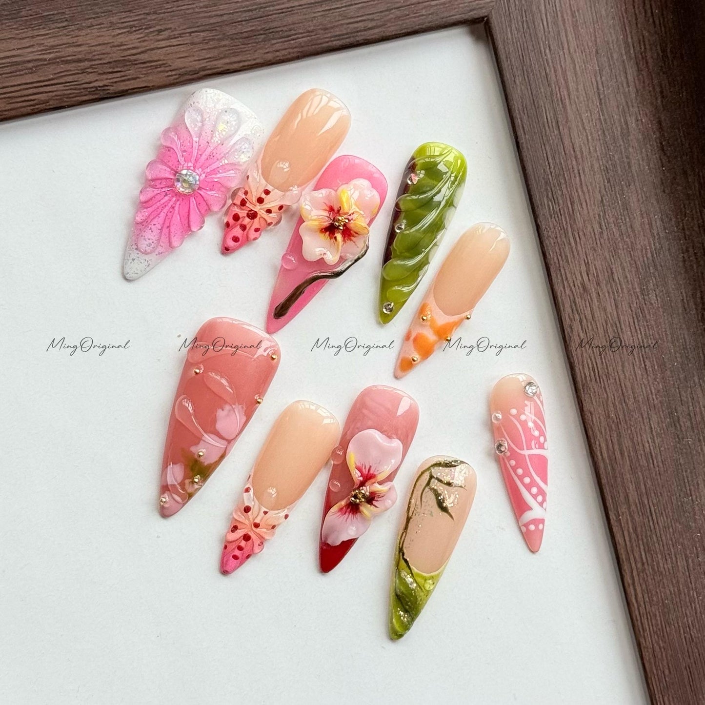 3D Flower Press On Nails, Handcrafted Bloom Nail Art, Spring Garden Design, Sculpted Floral Nails, Pink and Green Mix, unique gift, MO595