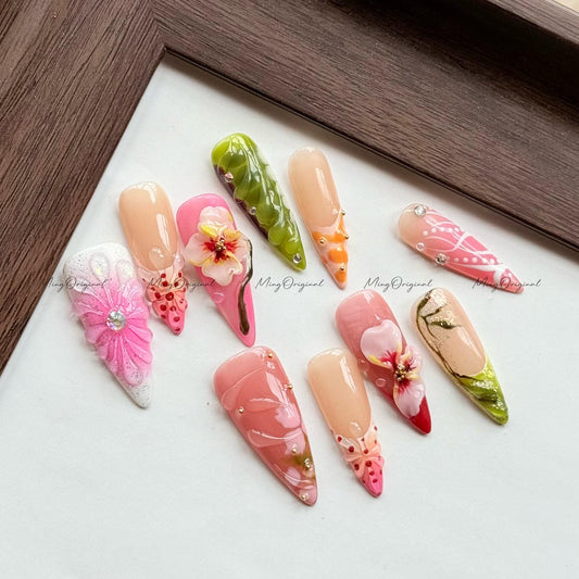 3D Flower Press On Nails, Handcrafted Bloom Nail Art, Spring Garden Design, Sculpted Floral Nails, Pink and Green Mix, unique gift, MO595