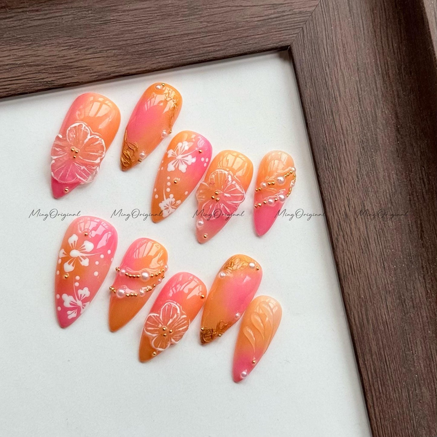 Tropical Sunset Floral Press on Nails, 3D Flower Hand Painted Hibiscus, Ombre Pink Orange, Gold Detail Accents, Summer Beach Vibes, MO596