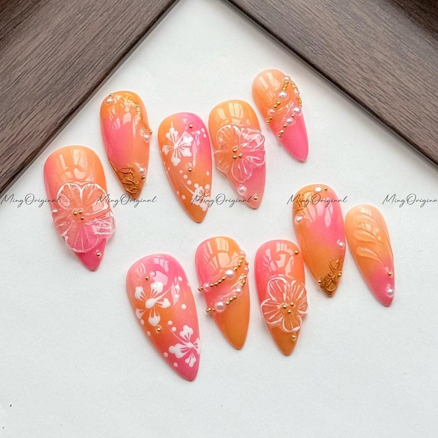 Tropical Sunset Floral Press on Nails, 3D Flower Hand Painted Hibiscus, Ombre Pink Orange, Gold Detail Accents, Summer Beach Vibes, MO596