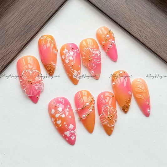 Tropical Sunset Floral Press on Nails, 3D Flower Hand Painted Hibiscus, Ombre Pink Orange, Gold Detail Accents, Summer Beach Vibes, MO596