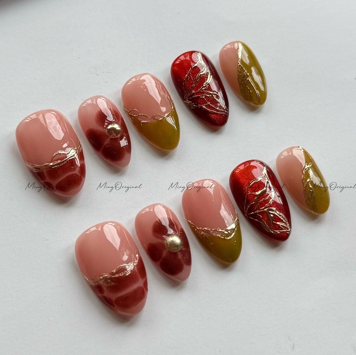 Opulent Blend Nails | Cat Eye Glow, Croc Texture, Amber Layers, Hand Painted Blooming Floral, 3D Gold Accents, French tip, Olive Green,MO597