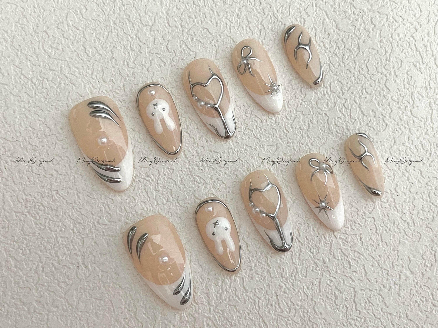Cream Metal Bunny Press on Nails, 3D Metallic Silver Chrome, Heart Flame, Abstract Bows, Pearl Accents, Sculptural Nude Gift for Her, MO598