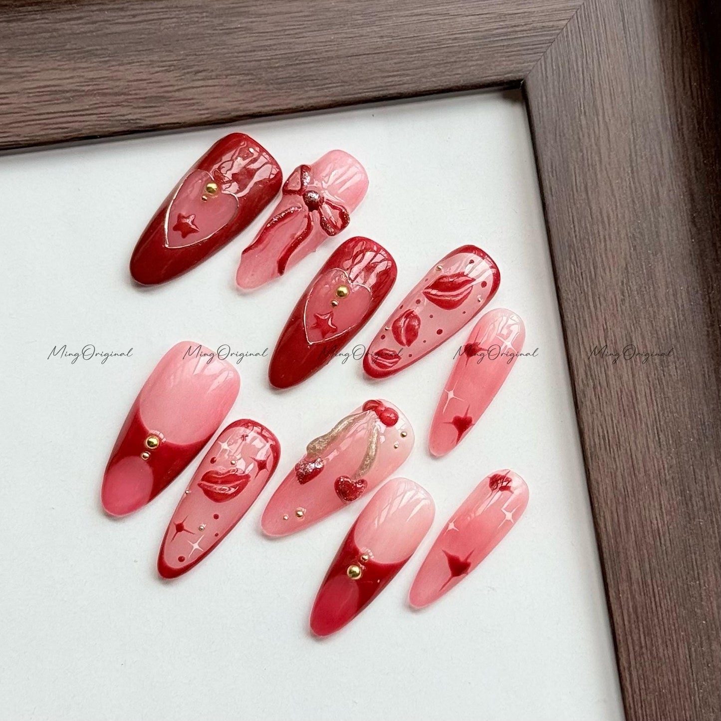 Love Note Press on Nails, Glossy Red Lips, Jelly Hearts, Sweet Blush Bows, Hand Drawn Kiss Details, Romance-Inspired Valentines Gift, MO599