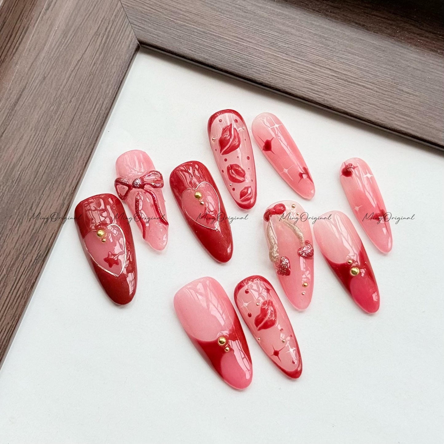 Love Note Press on Nails, Glossy Red Lips, Jelly Hearts, Sweet Blush Bows, Hand Drawn Kiss Details, Romance-Inspired Valentines Gift, MO599