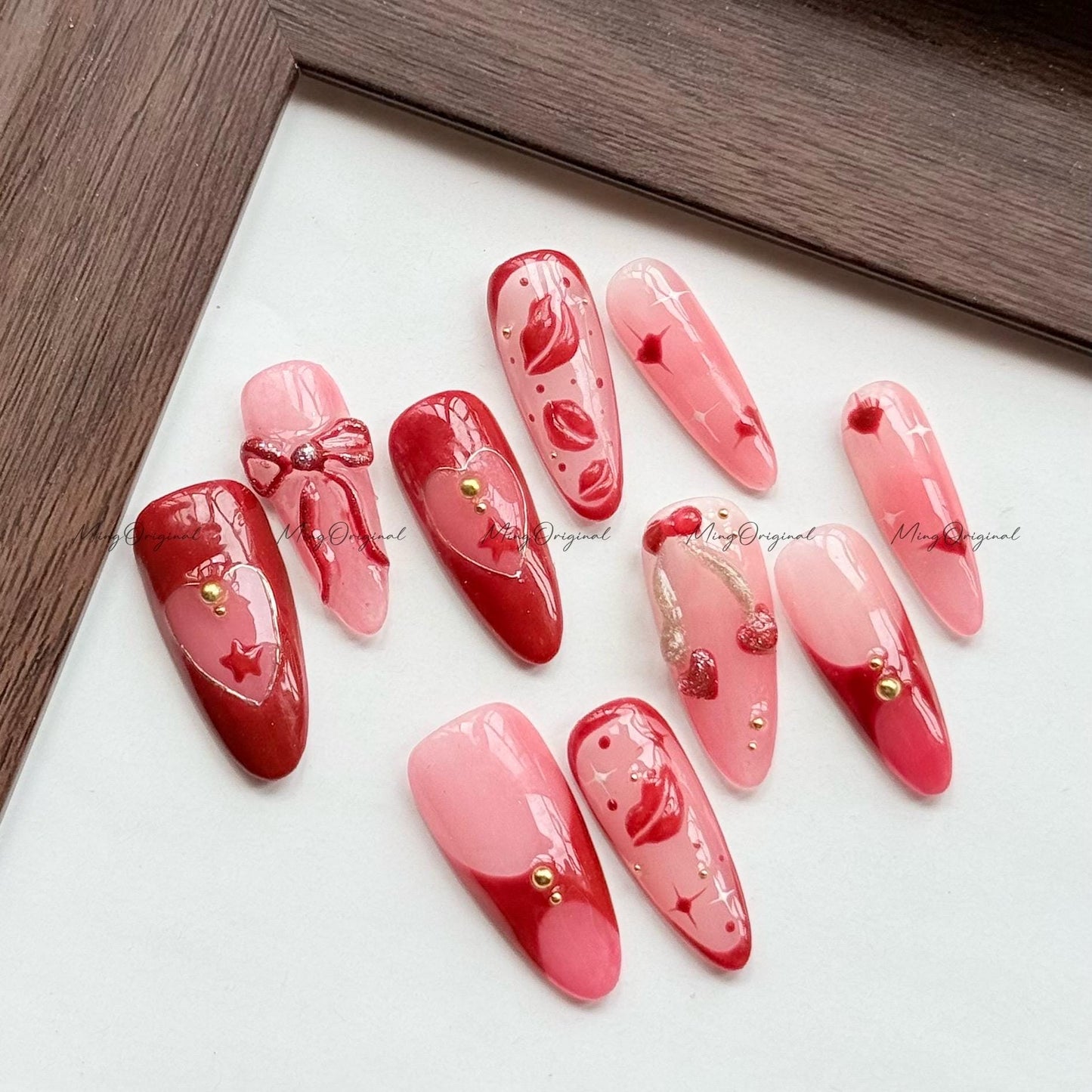 Love Note Press on Nails, Glossy Red Lips, Jelly Hearts, Sweet Blush Bows, Hand Drawn Kiss Details, Romance-Inspired Valentines Gift, MO599