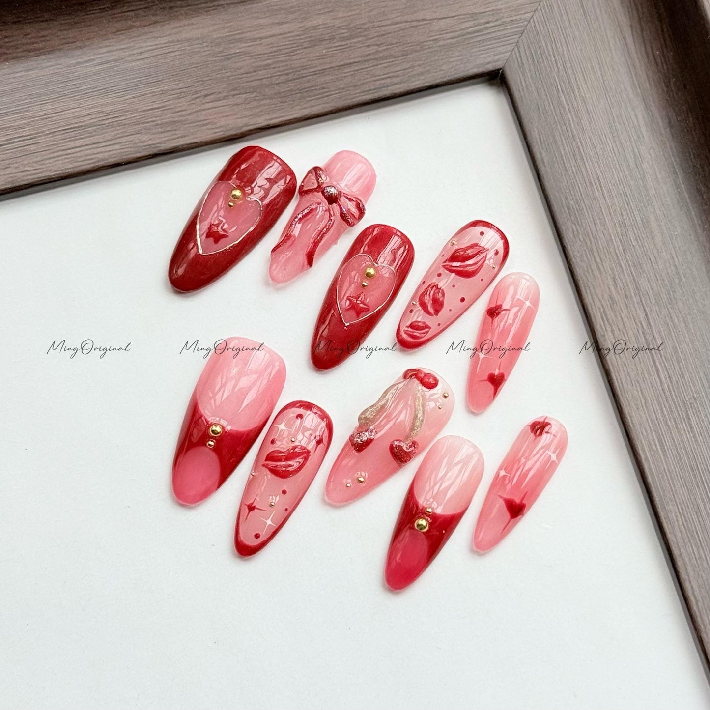 Love Note Press on Nails, Glossy Red Lips, Jelly Hearts, Sweet Blush Bows, Hand Drawn Kiss Details, Romance-Inspired Valentines Gift, MO599