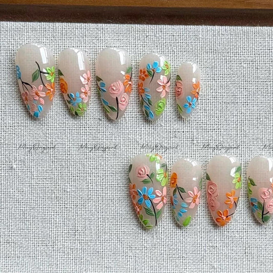 Blooming wild little daisy flower Press on Nails, handpainted oil painting style floral Nails, Handmade Gel Nails, bridal wedding nail,MO600