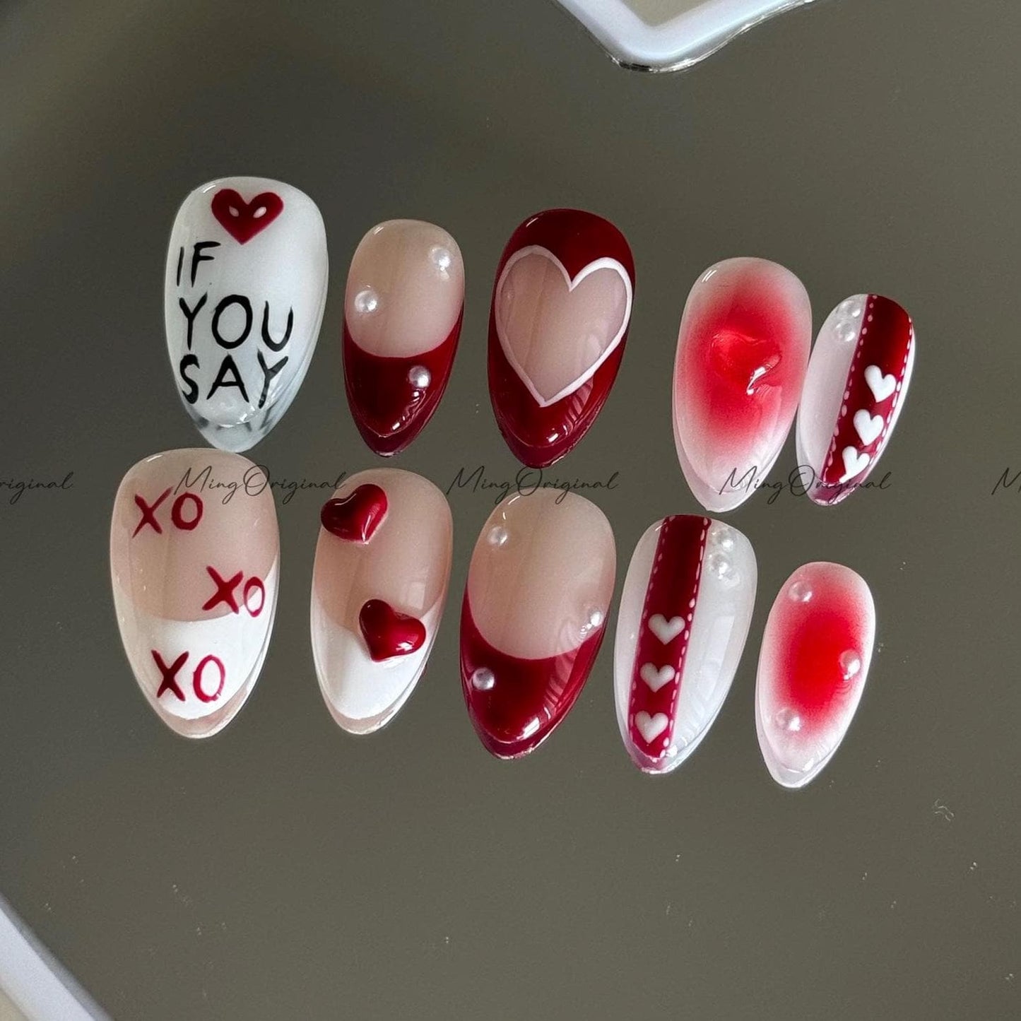 Love Letter Motif Press on Nail, If You Say, Jelly Heart, XO Details, Blush Pink and Red Mix,Playful Meaningful Valentine Gift for Her,MO602