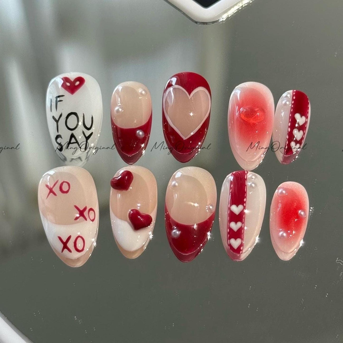 Love Letter Motif Press on Nail, If You Say, Jelly Heart, XO Details, Blush Pink and Red Mix,Playful Meaningful Valentine Gift for Her,MO602