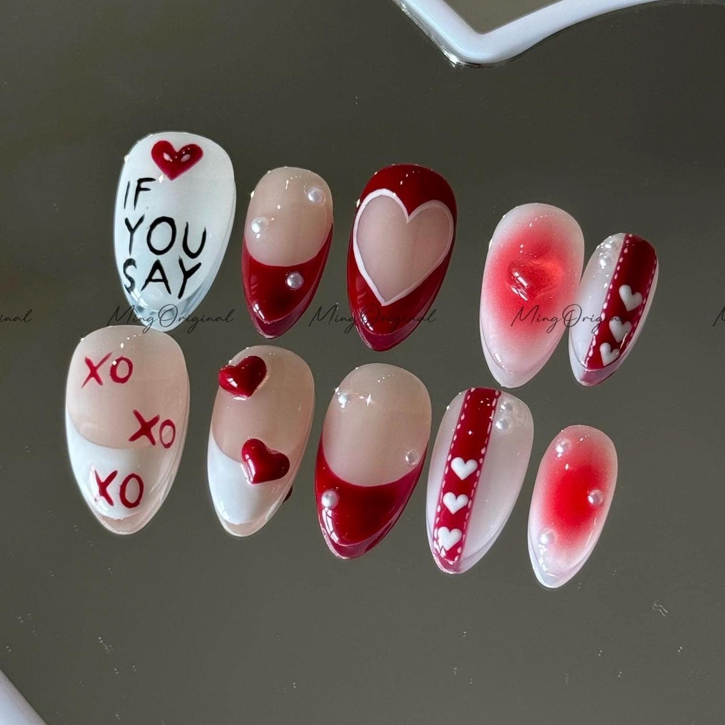 Love Letter Motif Press on Nail, If You Say, Jelly Heart, XO Details, Blush Pink and Red Mix,Playful Meaningful Valentine Gift for Her,MO602