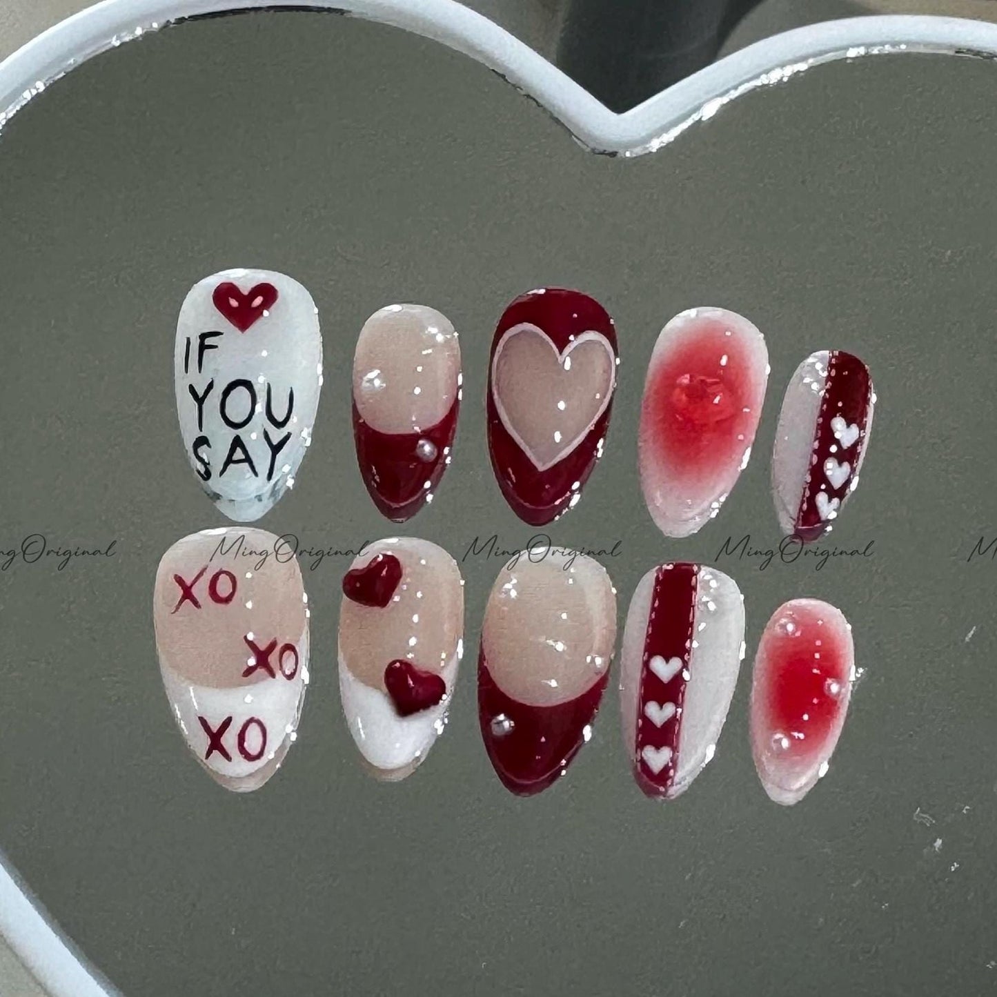 Love Letter Motif Press on Nail, If You Say, Jelly Heart, XO Details, Blush Pink and Red Mix,Playful Meaningful Valentine Gift for Her,MO602