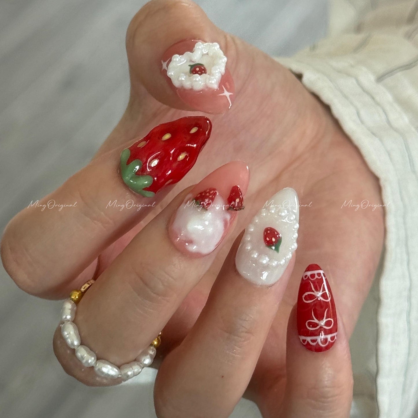 Strawberry Cake Press on Nails, Whipped Cream Mini Strawberries, Red Jelly Base, 3D Sweet Deco Nail Art, Fruit Lover Birthday gift, MO603
