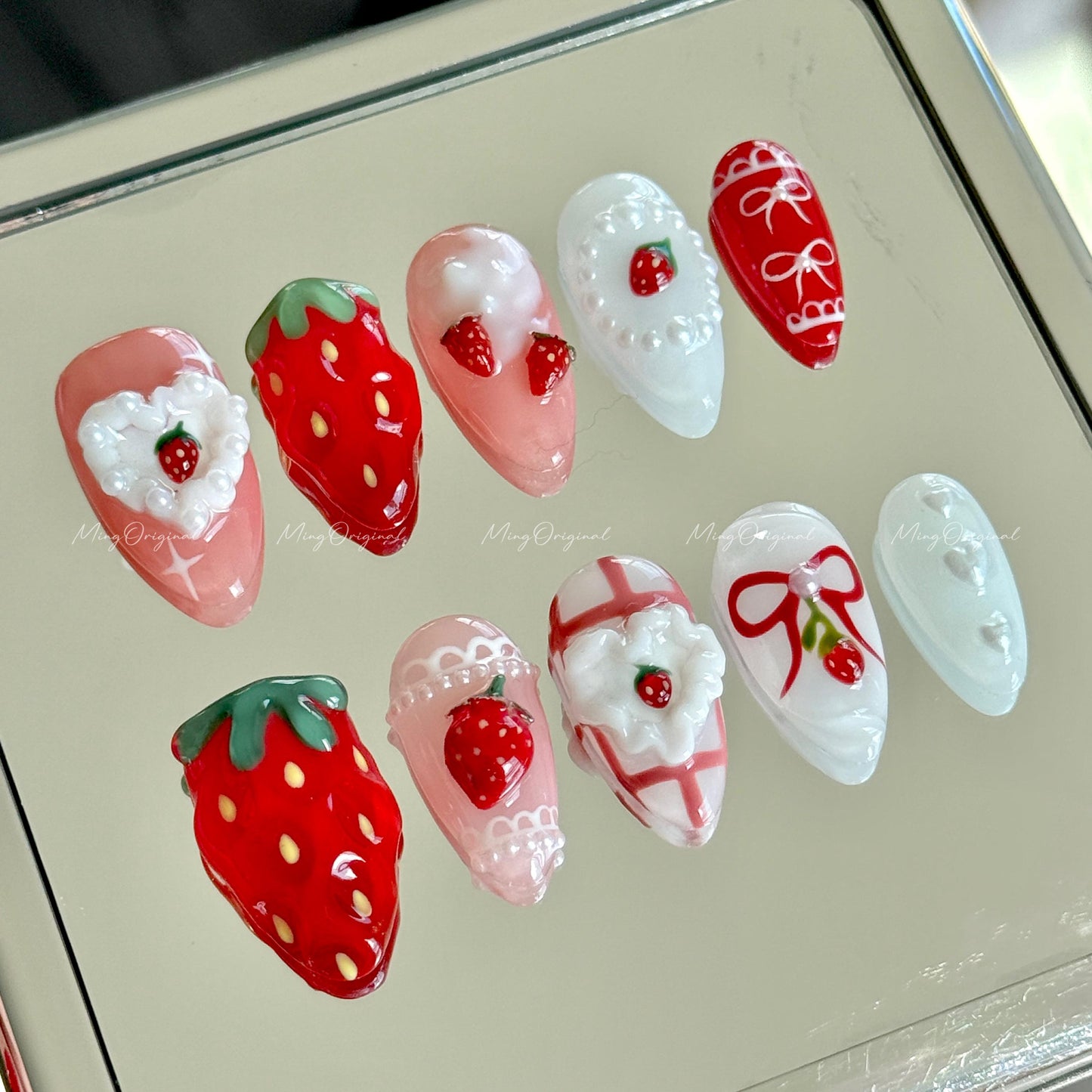 Strawberry Cake Press on Nails, Whipped Cream Mini Strawberries, Red Jelly Base, 3D Sweet Deco Nail Art, Fruit Lover Birthday gift, MO603