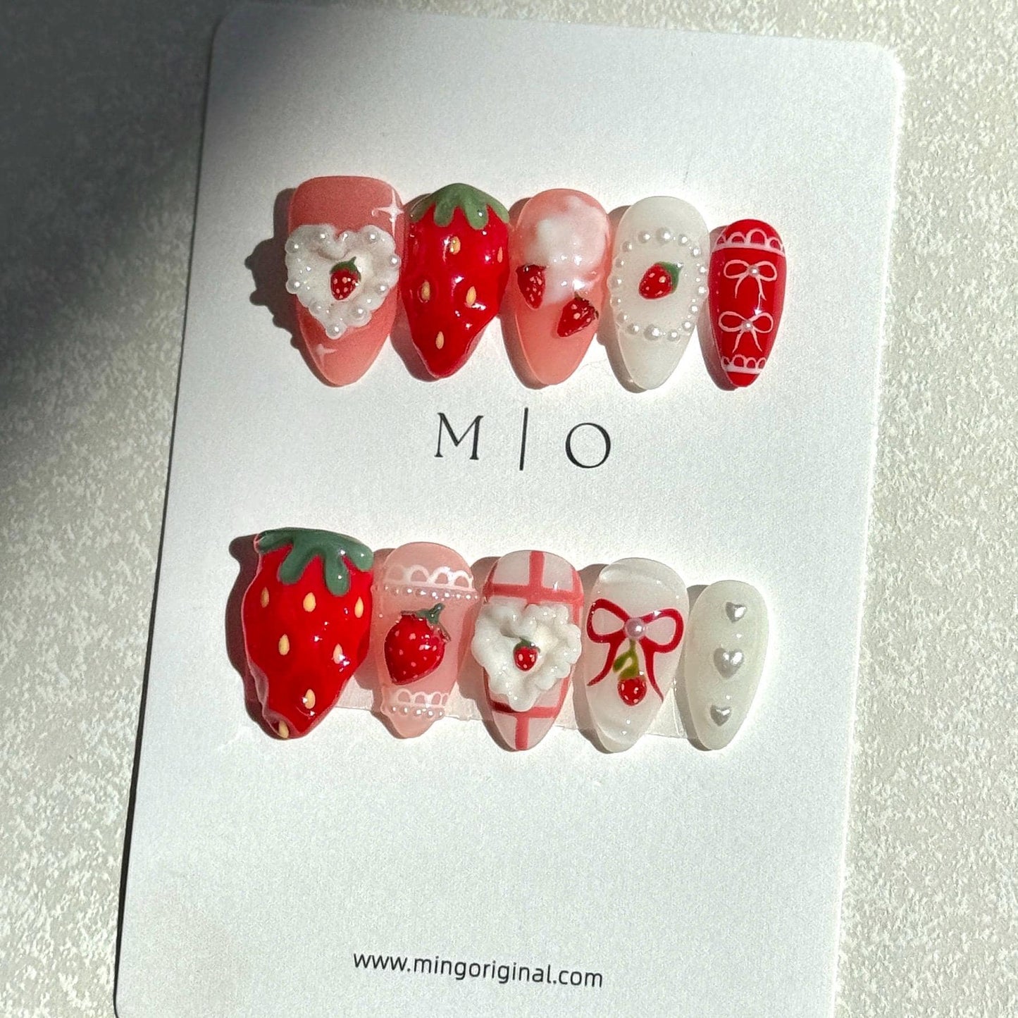 Strawberry Cake Press on Nails, Whipped Cream Mini Strawberries, Red Jelly Base, 3D Sweet Deco Nail Art, Fruit Lover Birthday gift, MO603