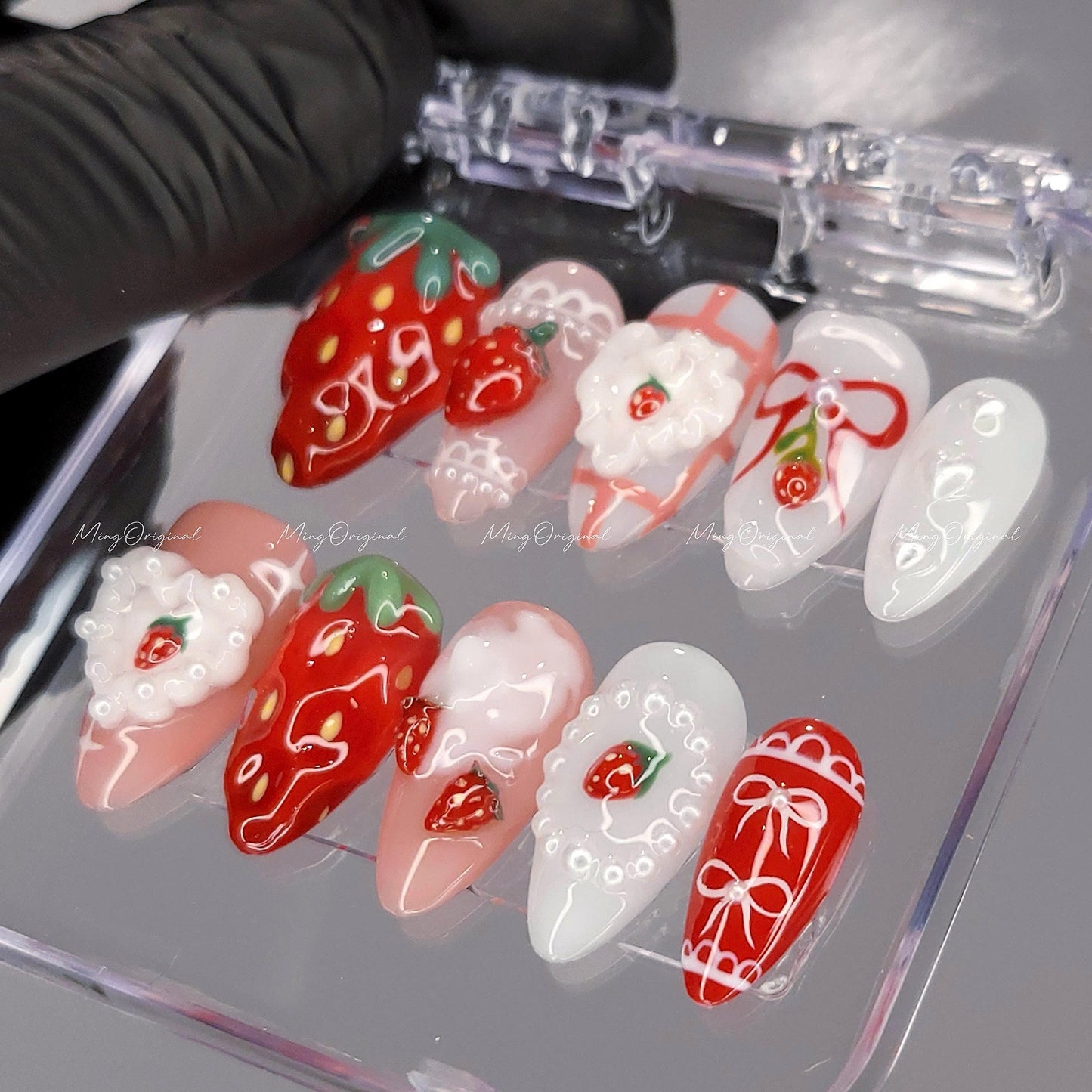 Strawberry Cake Press on Nails, Whipped Cream Mini Strawberries, Red Jelly Base, 3D Sweet Deco Nail Art, Fruit Lover Birthday gift, MO603