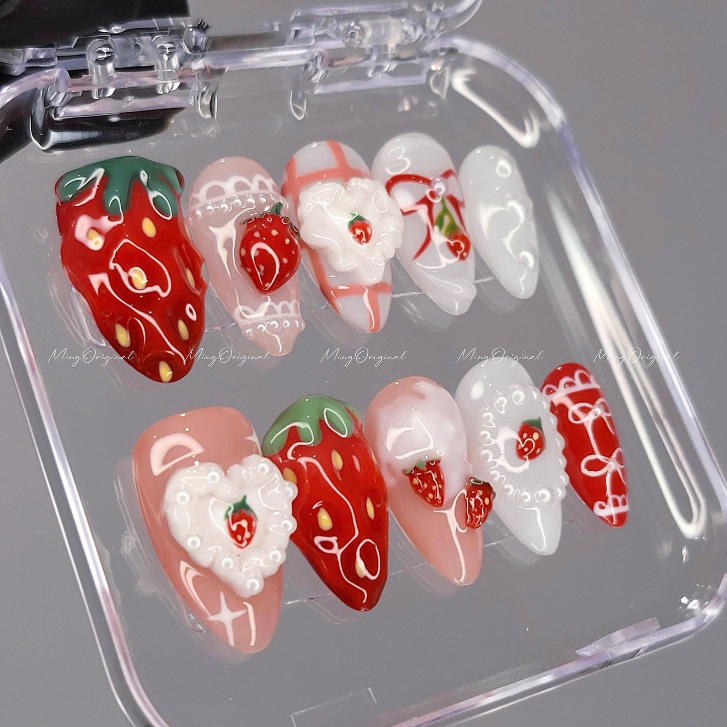 Strawberry Cake Press on Nails, Whipped Cream Mini Strawberries, Red Jelly Base, 3D Sweet Deco Nail Art, Fruit Lover Birthday gift, MO603