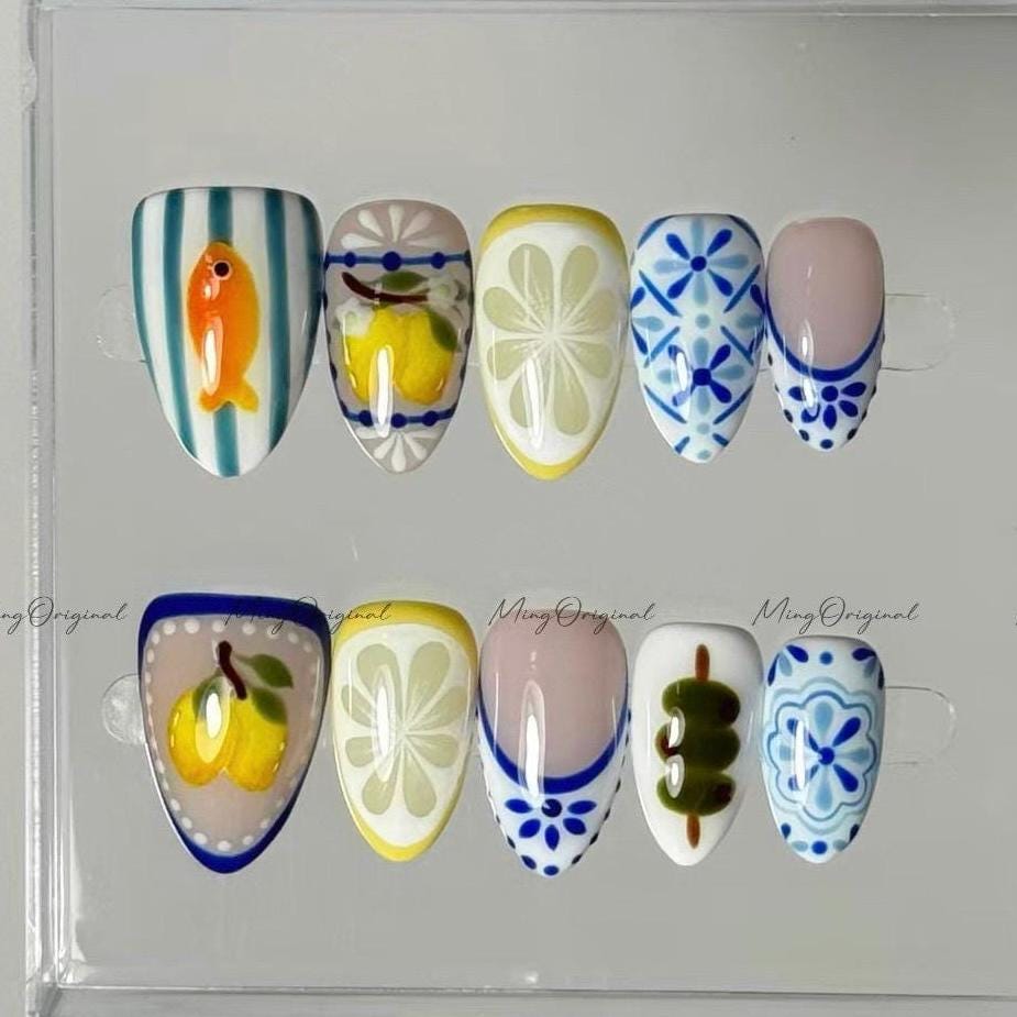 Summer Market Press on Nails, Hand Painted Fruit, Festival Goldfish, Blue Porcelain Motif, Lemon Slice, Dango, Gift for girls, MO604