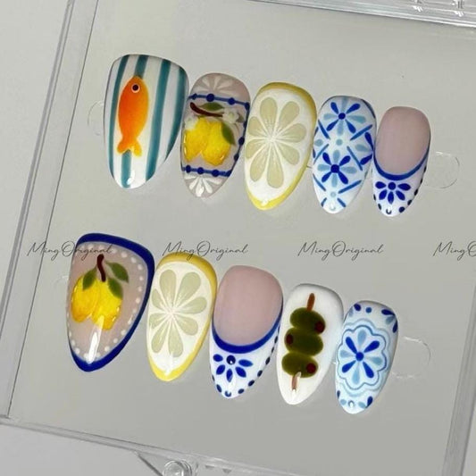 Summer Market Press on Nails, Hand Painted Fruit, Festival Goldfish, Blue Porcelain Motif, Lemon Slice, Dango, Gift for girls, MO604