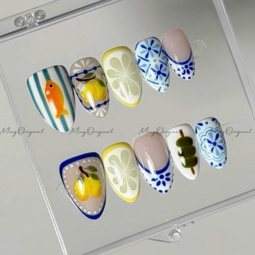 Summer Market Press on Nails, Hand Painted Fruit, Festival Goldfish, Blue Porcelain Motif, Lemon Slice, Dango, Gift for girls, MO604