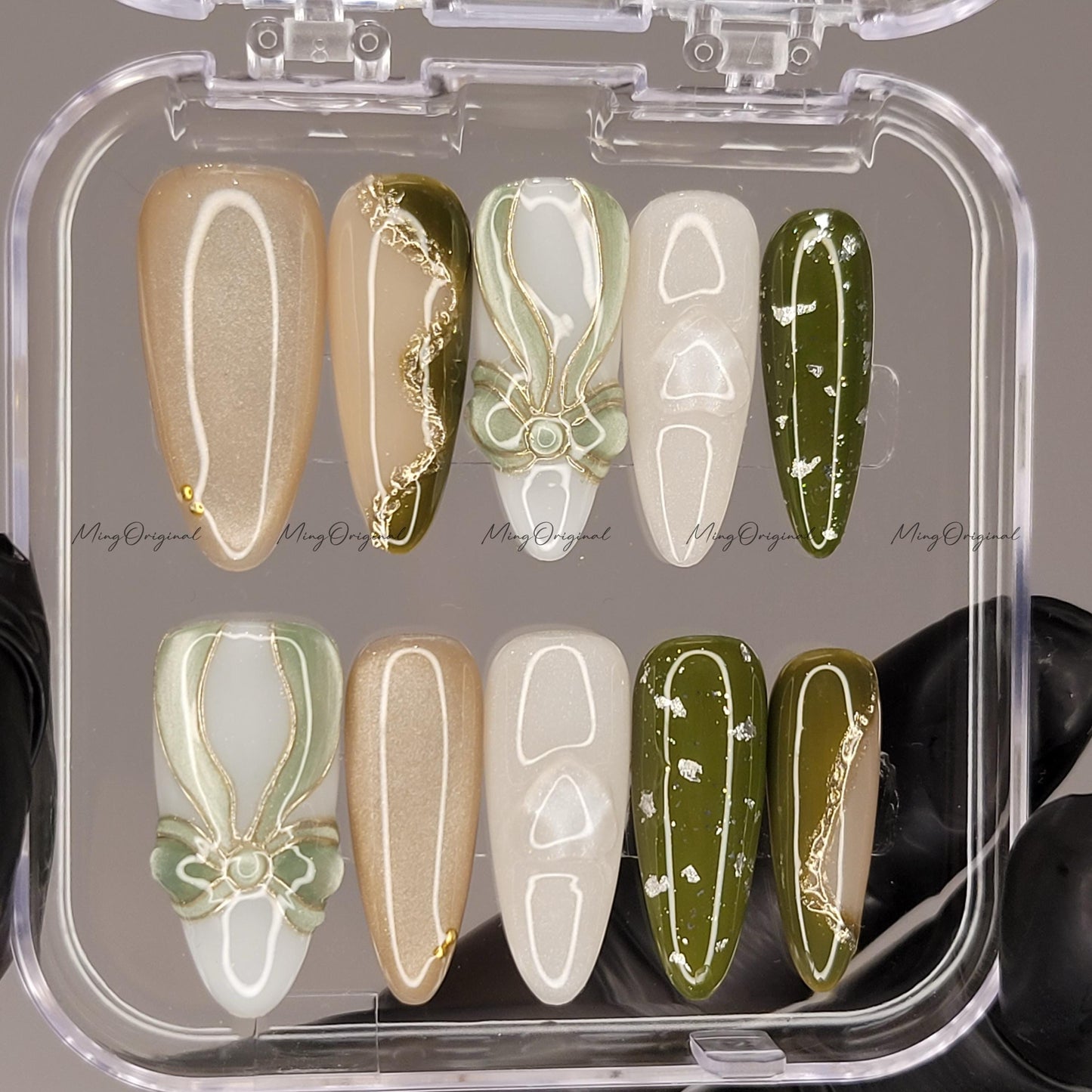 Olive Opera Sage green press on nails, champagne cat eye ribbon, metallic and green abstract swirl, 3d layered cat eye, vintage glam,MO614