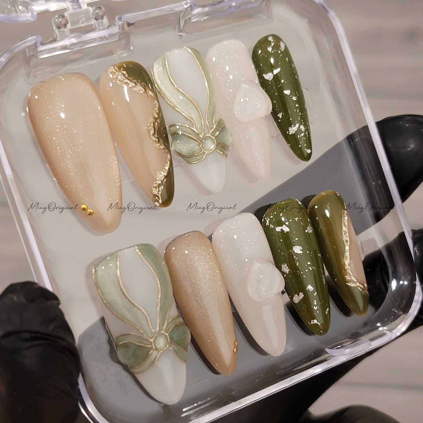 Olive Opera Sage green press on nails, champagne cat eye ribbon, metallic and green abstract swirl, 3d layered cat eye, vintage glam,MO614