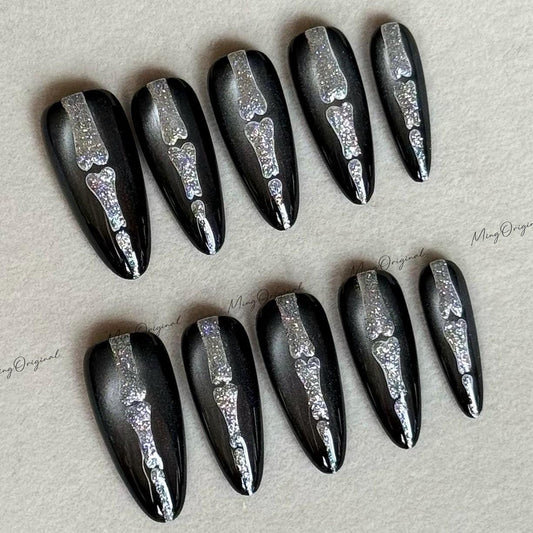 Halloween Shadow Spine Bone press on nails, black cat eye base, silver glitter bone design, spooky season sparkling Gothic nail art, MO615
