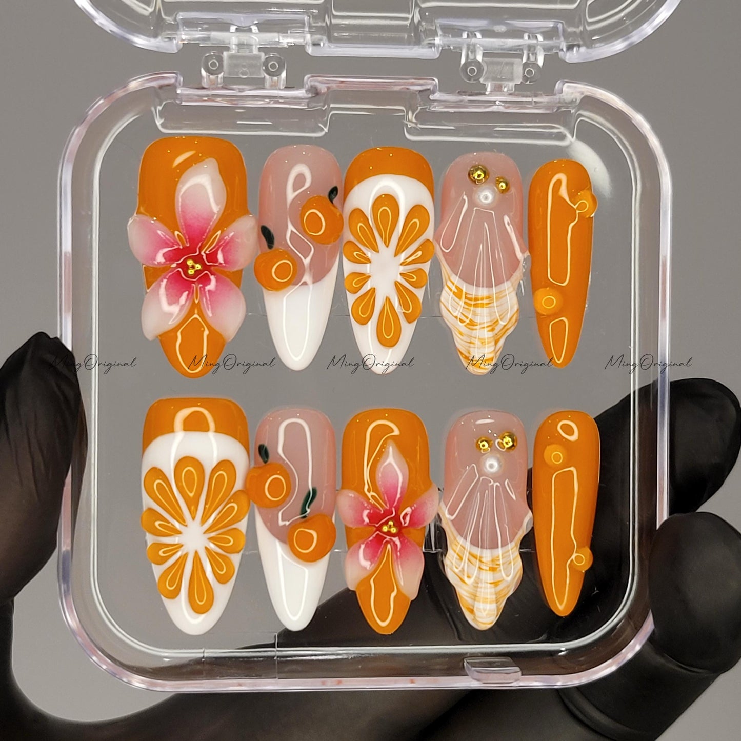 Summer Juicy Orange Fruit Lover press on nails, 3D Pink Flower Fresh Look Candy Color Gifts for Her, MO605