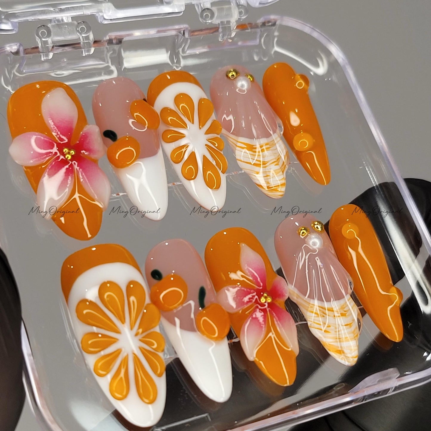 Summer Juicy Orange Fruit Lover press on nails, 3D Pink Flower Fresh Look Candy Color Gifts for Her, MO605