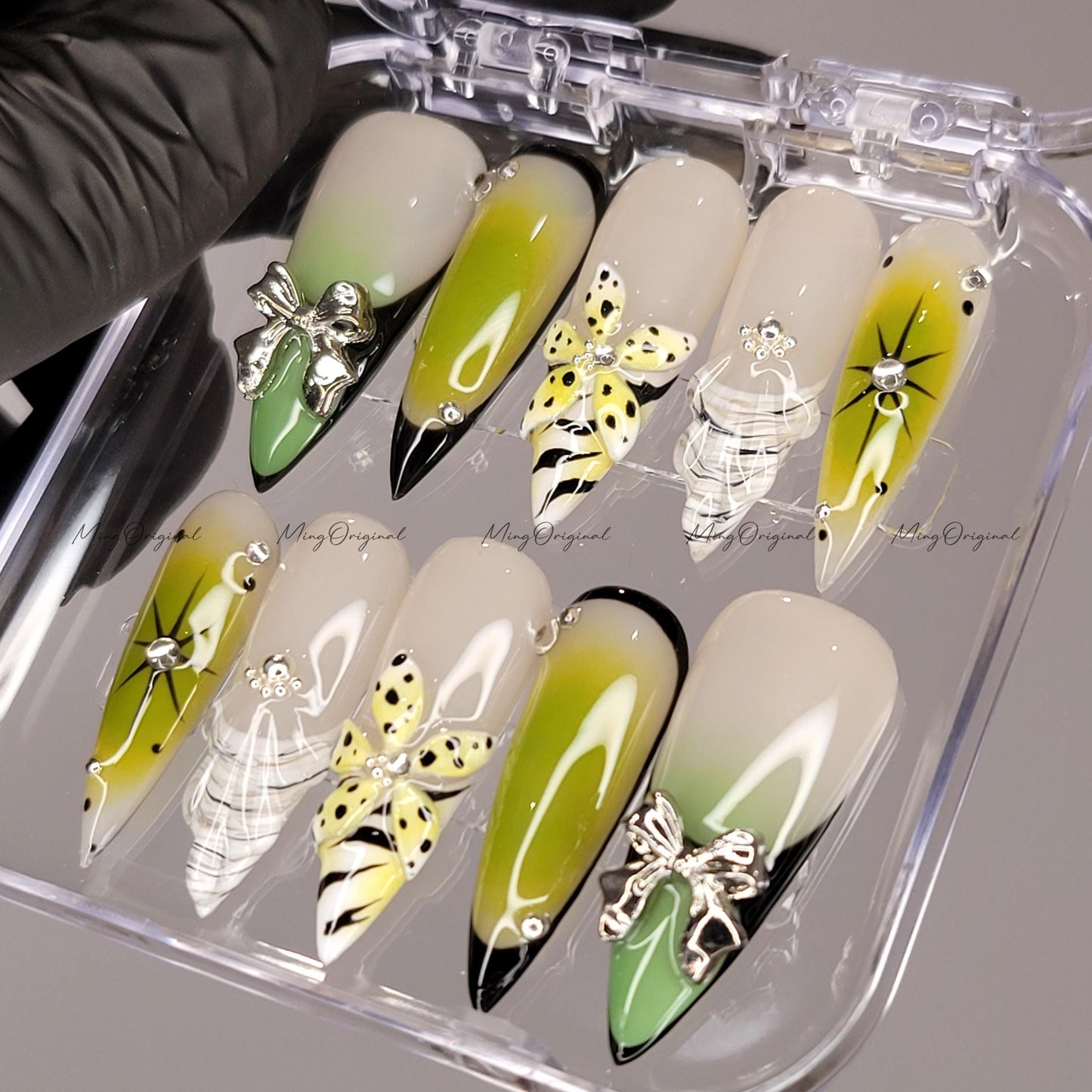 Venom Pop Green yellow ombre press on nails, silver bow charm, dotted 3D wild toxic flower, edgy Halloween nail design,MO616