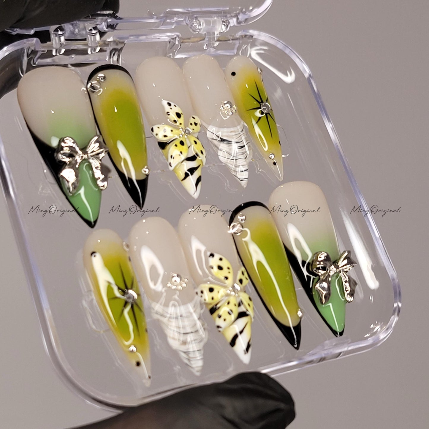 Venom Pop Green yellow ombre press on nails, silver bow charm, dotted 3D wild toxic flower, edgy Halloween nail design,MO616