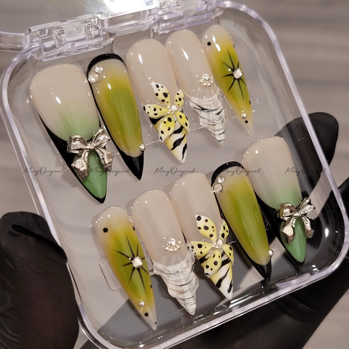 Venom Pop Green yellow ombre press on nails, silver bow charm, dotted 3D wild toxic flower, edgy Halloween nail design,MO616