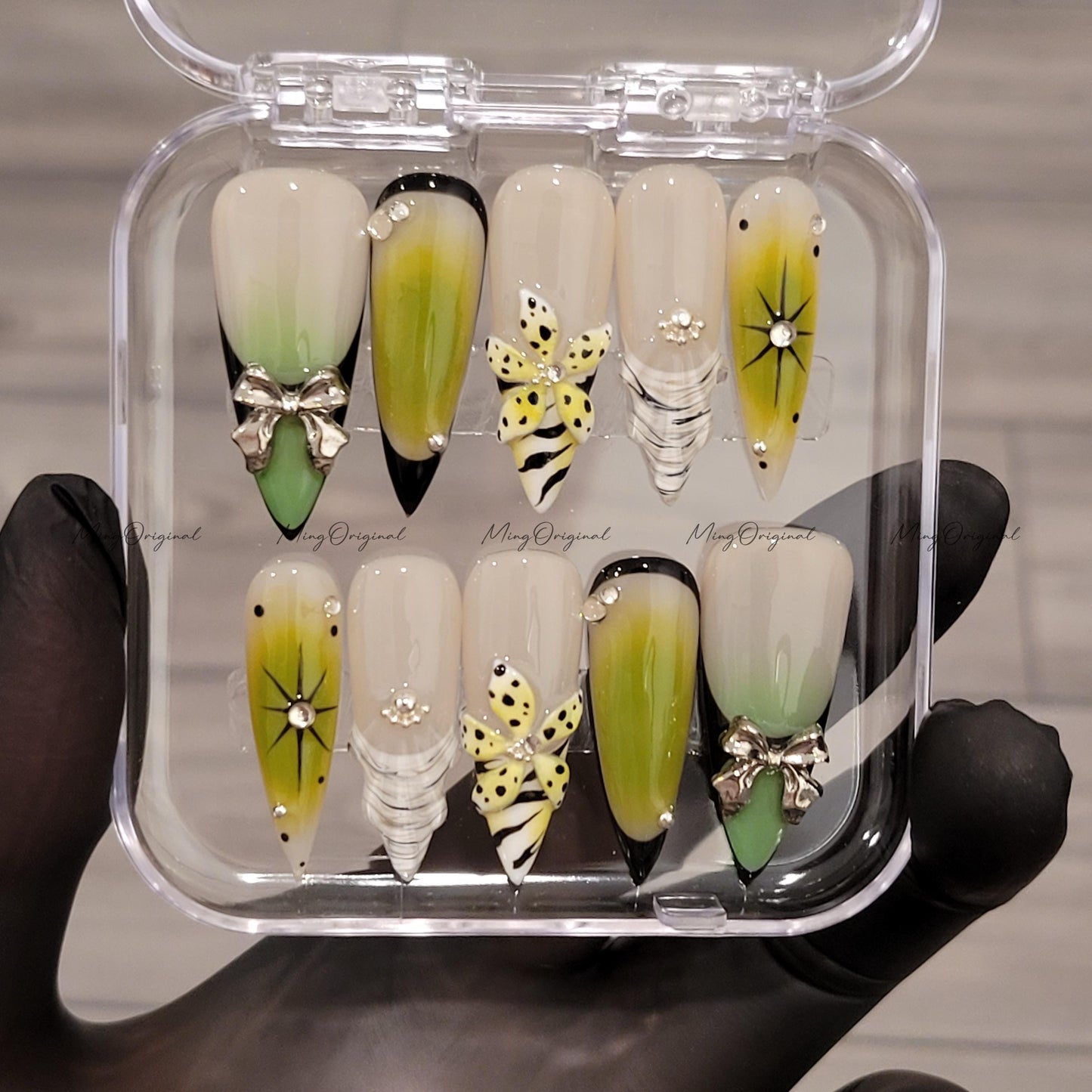 Venom Pop Green yellow ombre press on nails, silver bow charm, dotted 3D wild toxic flower, edgy Halloween nail design,MO616