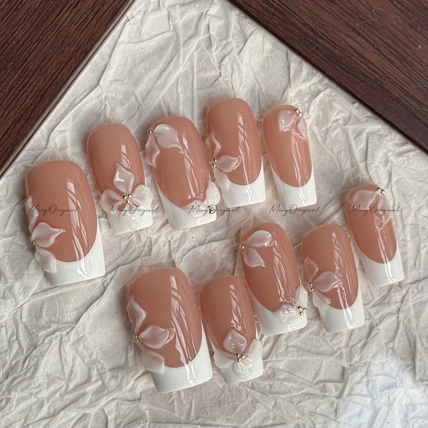 Bride Day Nude French press on nails, 3D white lace floral petals, elegant bridal style, Wedding nail for her, gift for wife, MO618