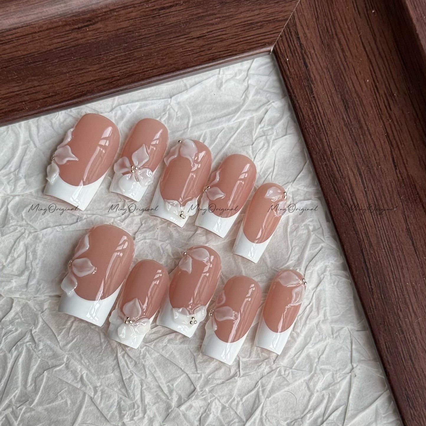 Bride Day Nude French press on nails, 3D white lace floral petals, elegant bridal style, Wedding nail for her, gift for wife, MO618