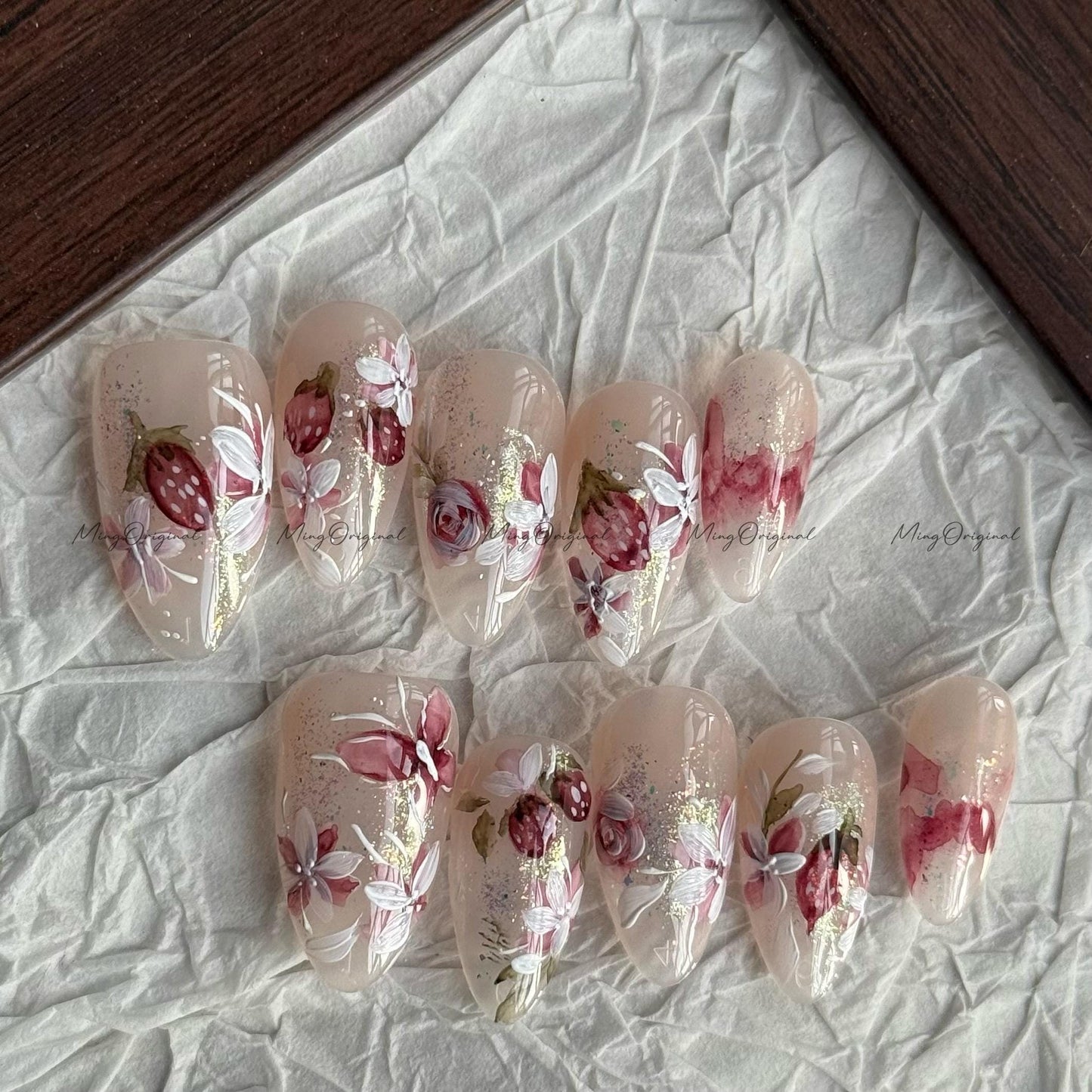 Handmade Strawberry bloom Water color art nail, layered flower and butterfly Press on Nail, hand painted glittery nail, gift for her, MO619
