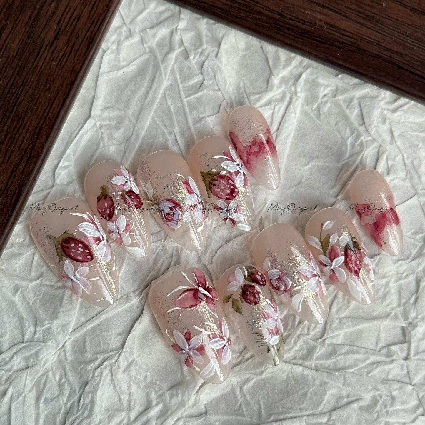 Handmade Strawberry bloom Water color art nail, layered flower and butterfly Press on Nail, hand painted glittery nail, gift for her, MO619