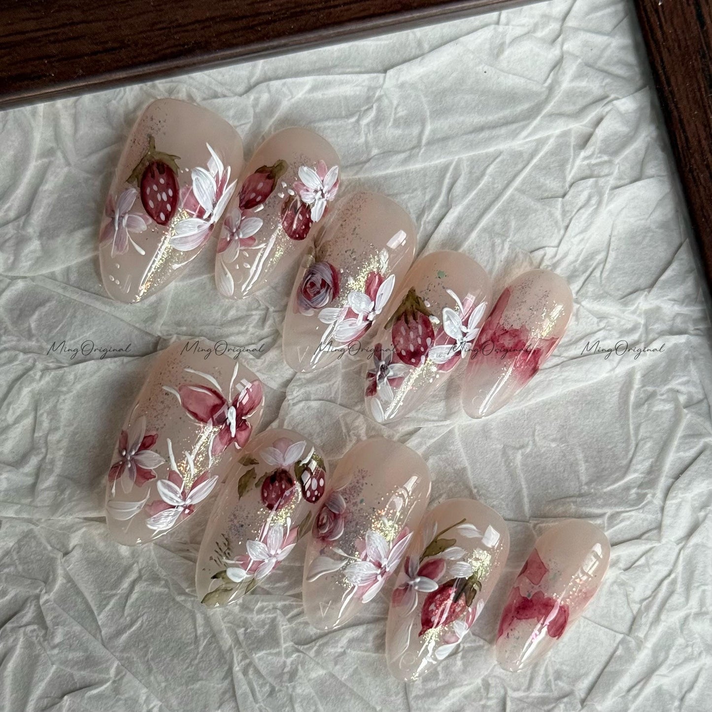Handmade Strawberry bloom Water color art nail, layered flower and butterfly Press on Nail, hand painted glittery nail, gift for her, MO619