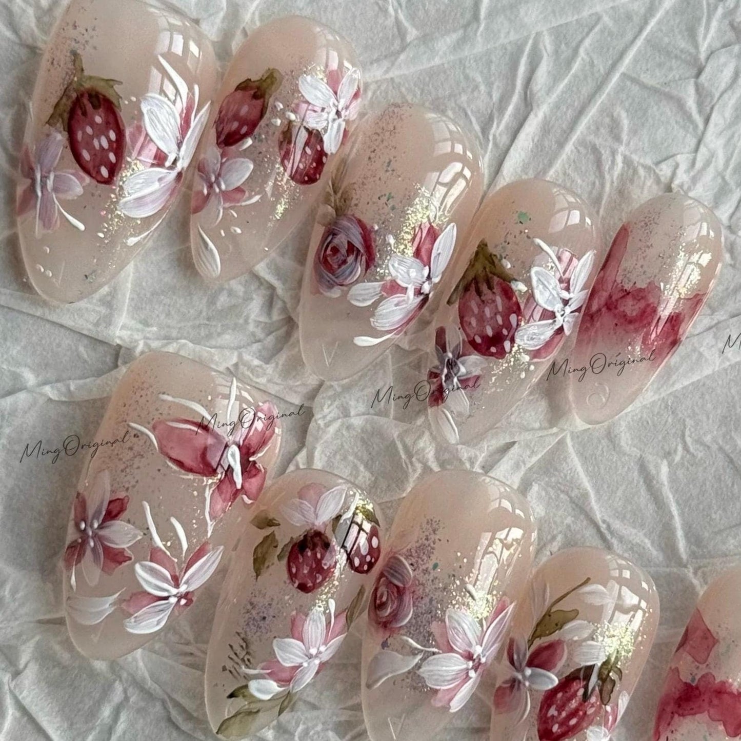 Handmade Strawberry bloom Water color art nail, layered flower and butterfly Press on Nail, hand painted glittery nail, gift for her, MO619